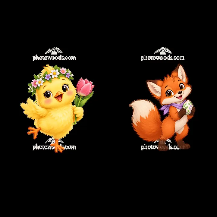 Chick with flower and fox holding Easter egg in meadow - AI-generated stock image