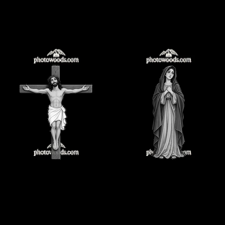 Jesus on the cross with Mary in mourning position - AI-generated stock image