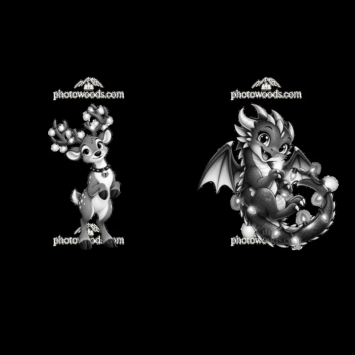 Reindeer and dragon characters with string lights in black and white - AI-generated stock image