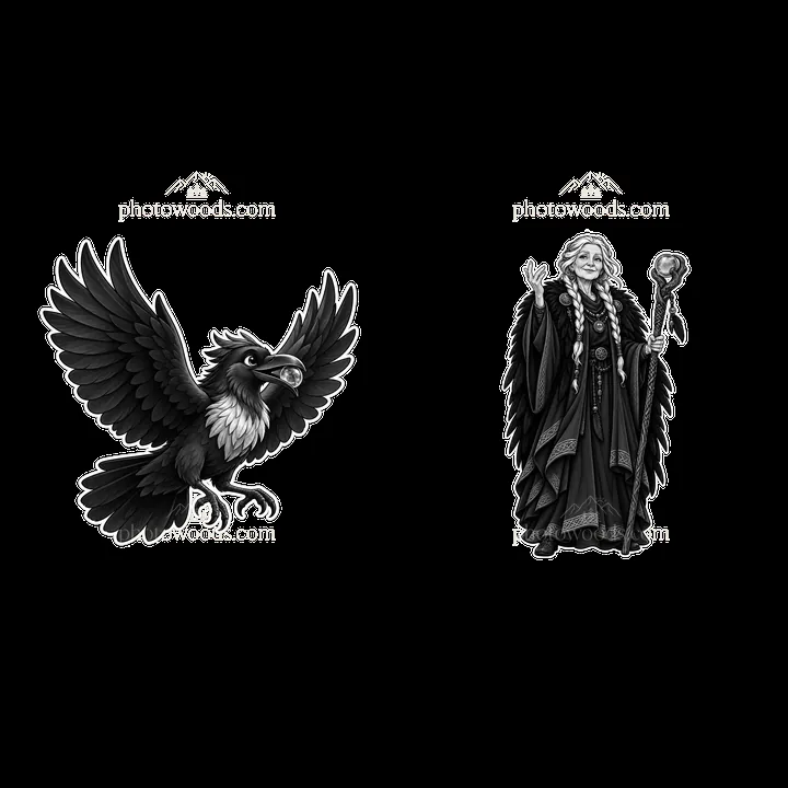 Odin with a raven and staff in a monochrome cartoon design - AI-generated stock image