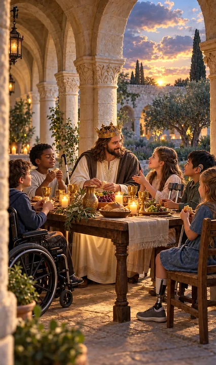 Jesus Christ sharing a meal with children in a gathering - AI-generated stock image