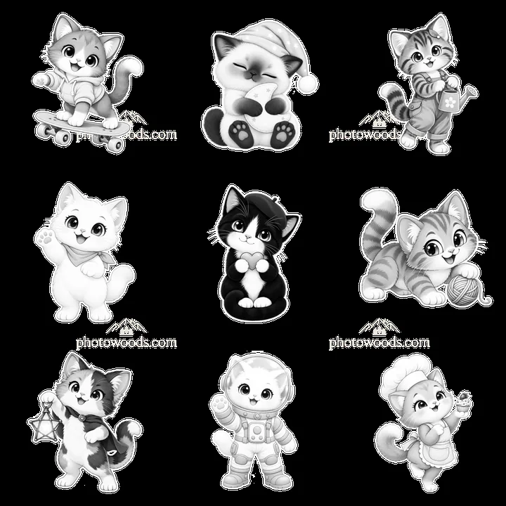 Kawaii cats in playful poses on a 3x3 grid sticker layout - AI-generated stock image