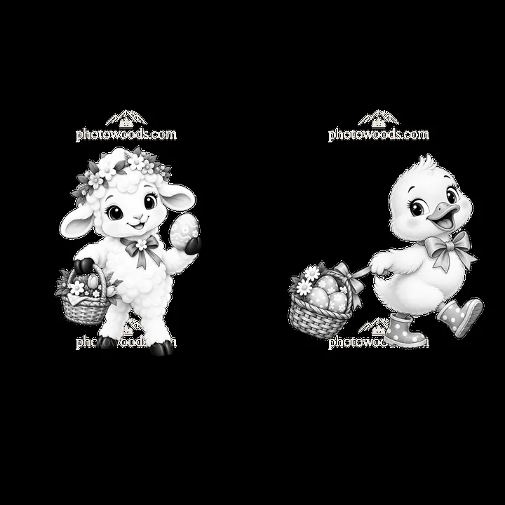 Easter lamb and duck carrying baskets of decorated eggs - AI-generated stock image