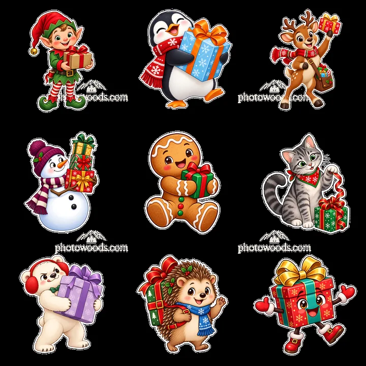 Festive cartoon characters with Christmas gifts in a 3x3 layout - AI-generated stock image