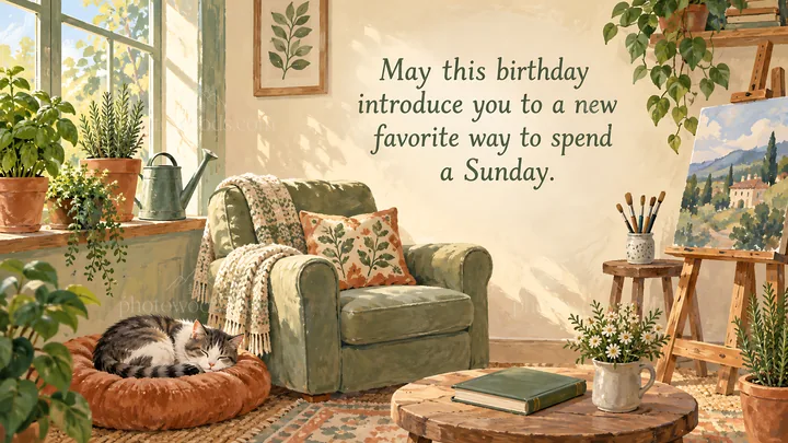 Cozy Sunday Birthday Greeting with a Sleeping Cat - AI-generated stock image