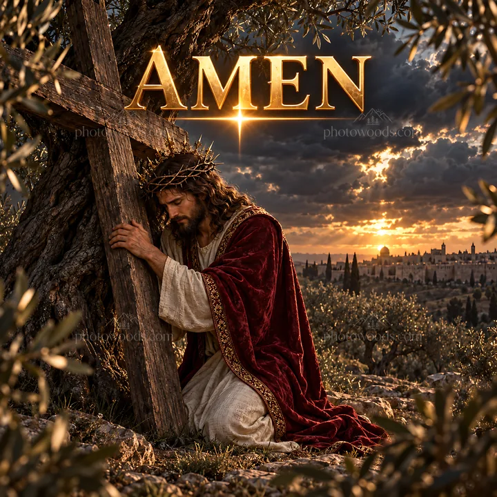 Jesus Christ praying in the garden with a cross at sunset - AI-generated stock image