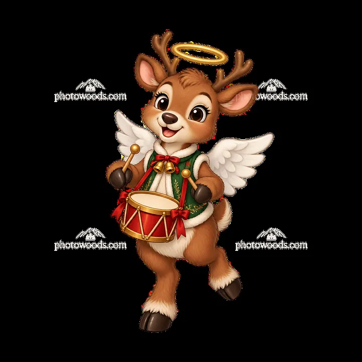 Christmas angel reindeer playing a drum with wings and halo - AI-generated stock image