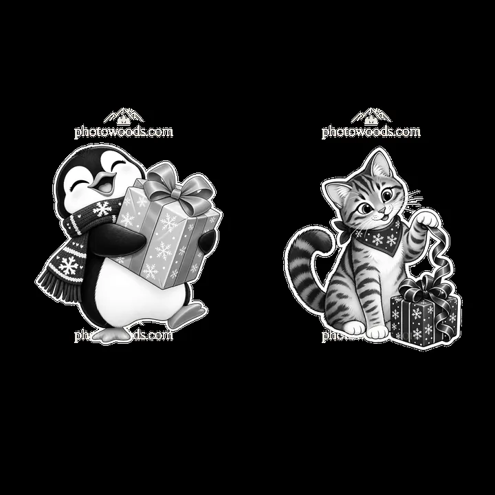 Penguin and cat holding Christmas presents in monochrome style - AI-generated stock image