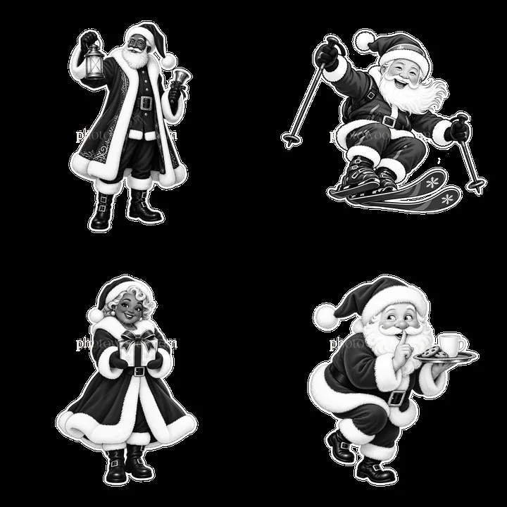 Santa Claus engaging in various activities in black-and-white stickers - AI-generated stock image