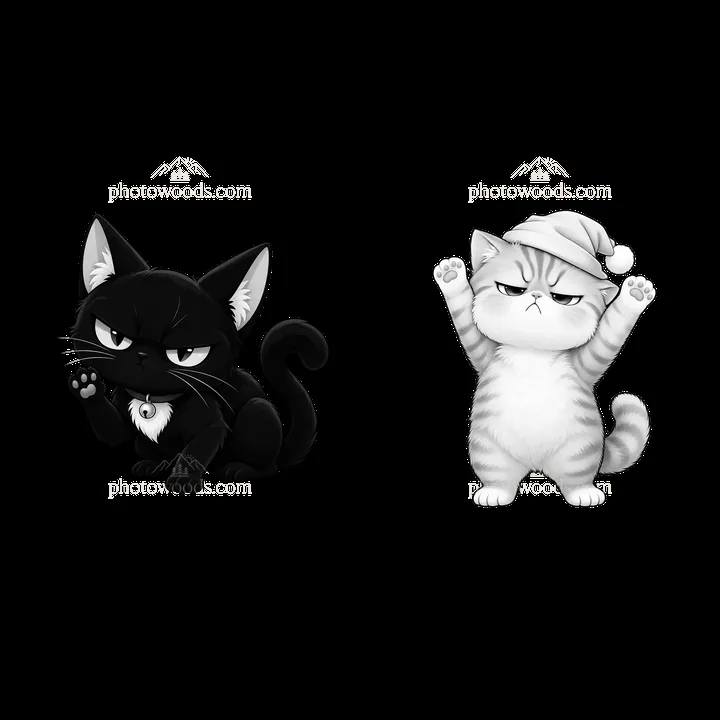 Kawaii grumpy cats in black and white with distinct expressions - AI-generated stock image