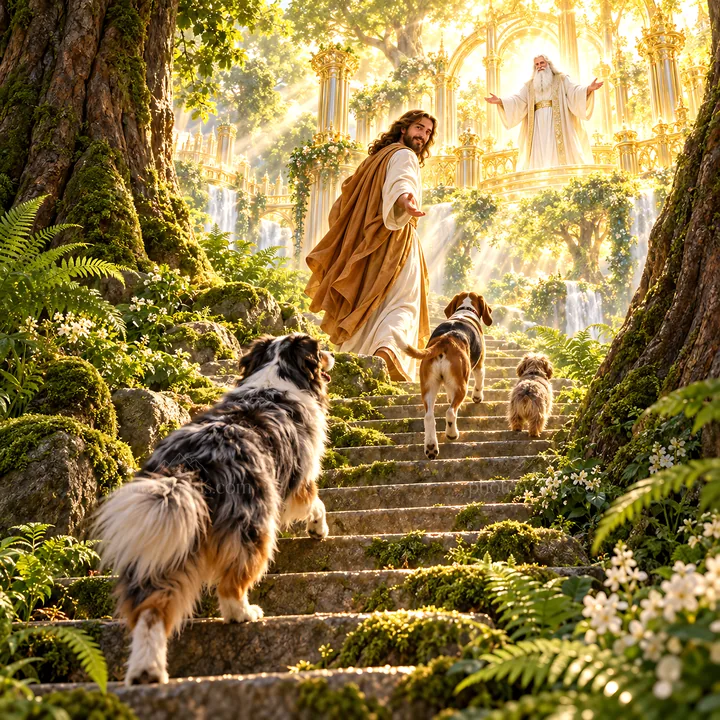 Jesus Christ walking with dogs in a lush garden setting - AI-generated stock image
