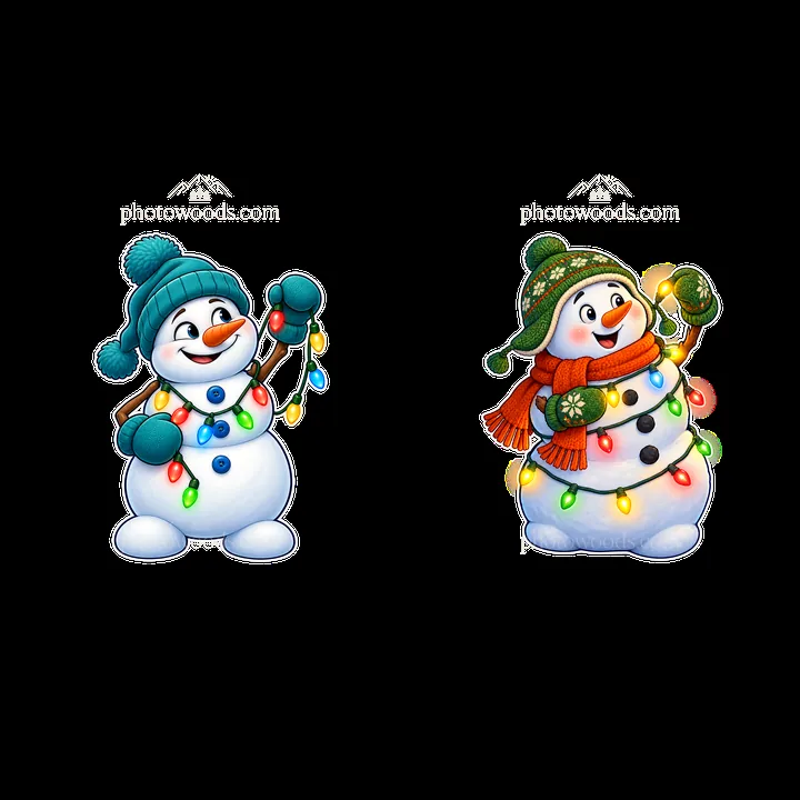 Snowmen wrapped in colorful string lights for winter decoration - AI-generated stock image