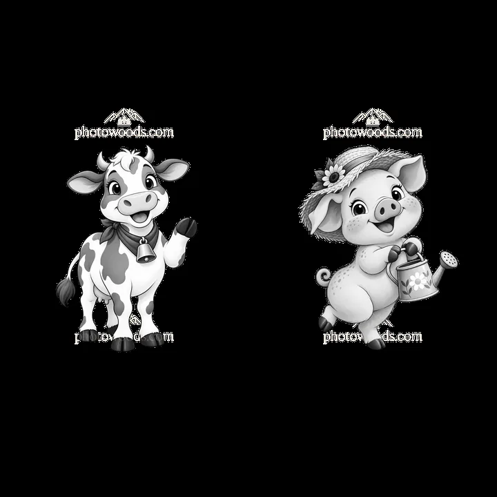 Happy cow and cheerful pig in a farm setting - AI-generated stock image