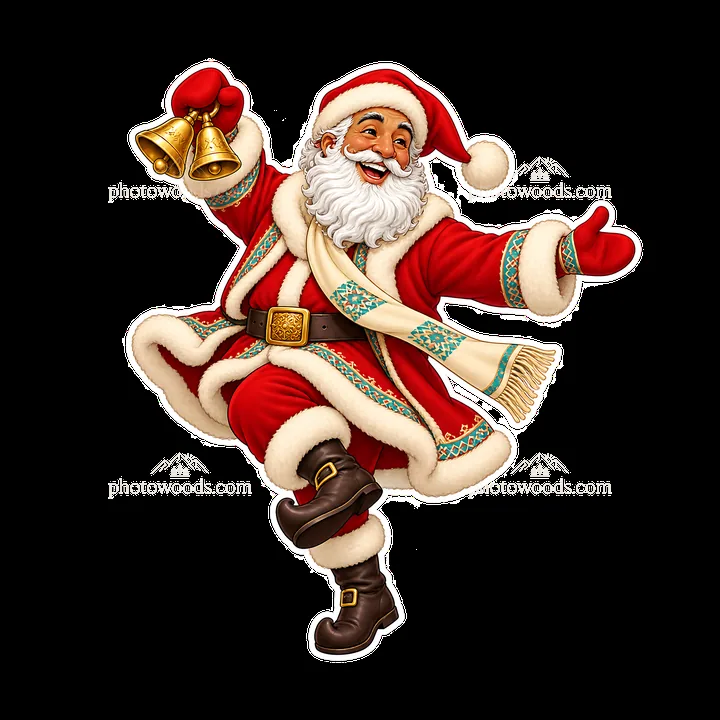 Santa Claus dancing with bells and wearing a festive outfit - AI-generated stock image