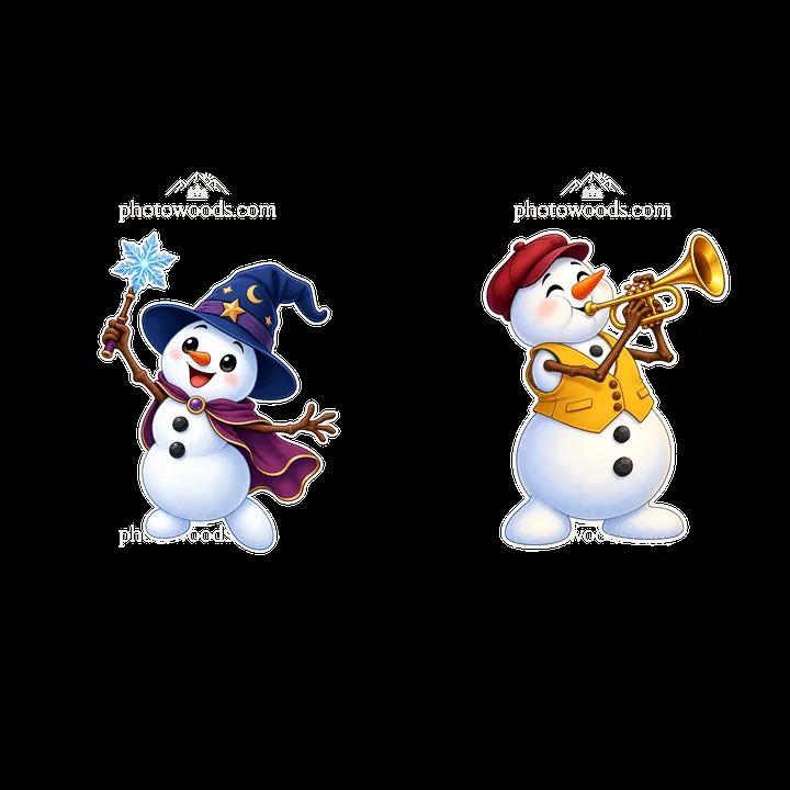 Two cheerful snowmen with accessories and festive expressions - AI-generated stock image