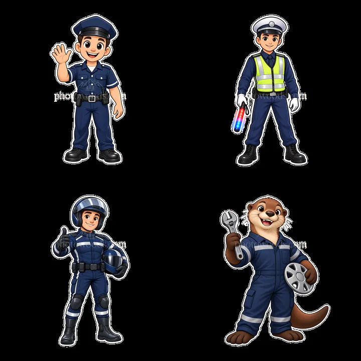 Cartoon police figures and animal mechanic in grid layout - AI-generated stock image