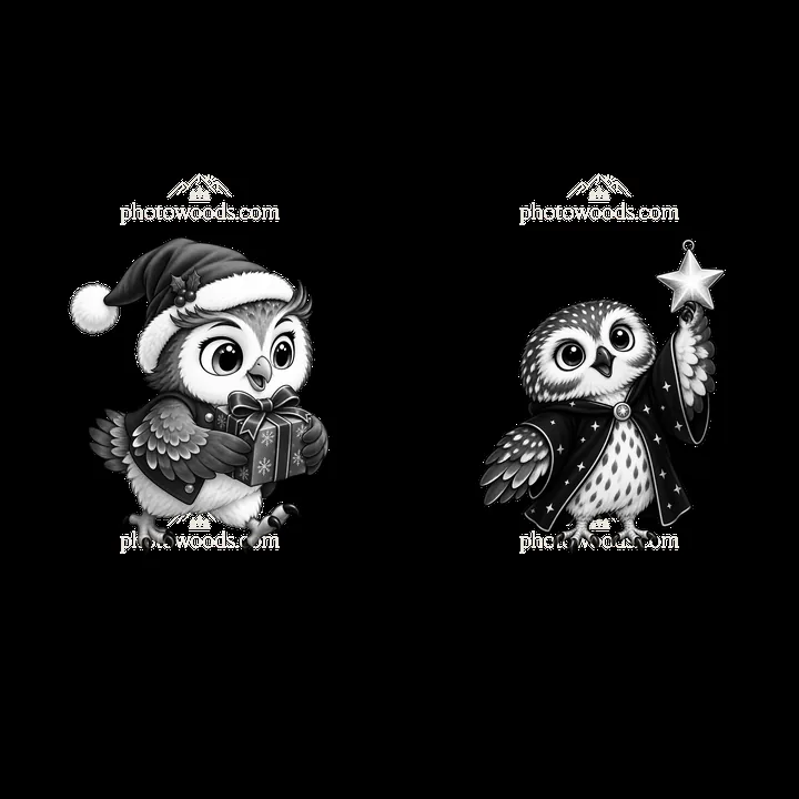 Cute owls celebrating Christmas with gifts and a star - AI-generated stock image
