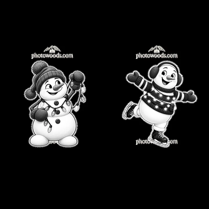 Snowman holding lights and snowman skating in monochrome design - AI-generated stock image