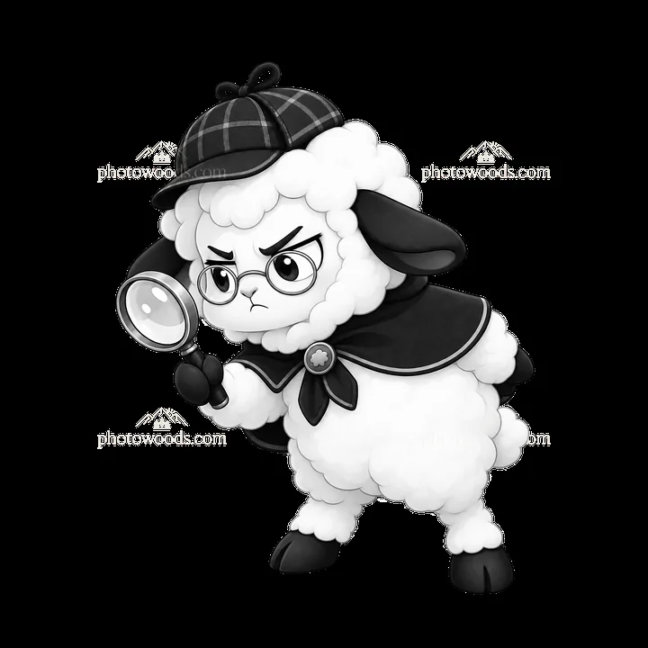 Grumpy sheep detective with magnifying glass in cartoon style - AI-generated stock image