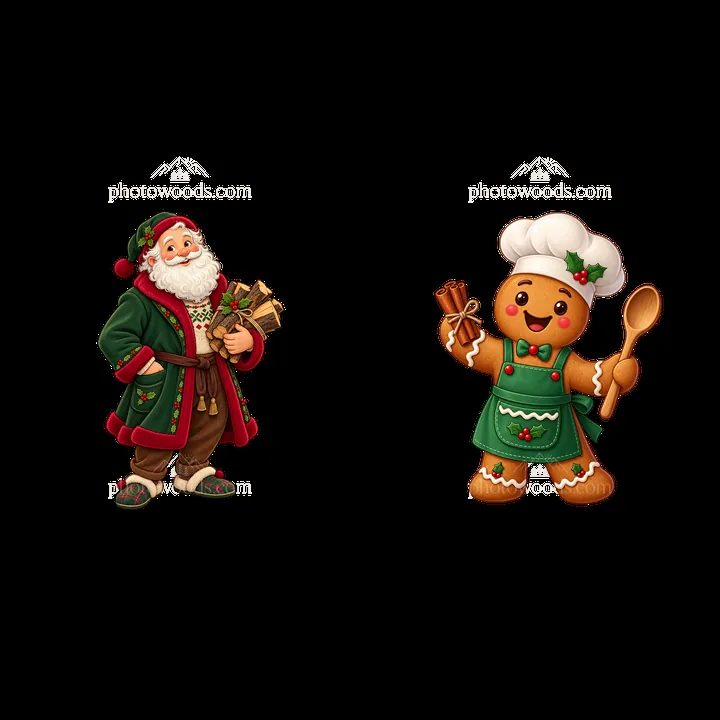 Santa Claus and gingerbread man holding kitchen utensils - AI-generated stock image