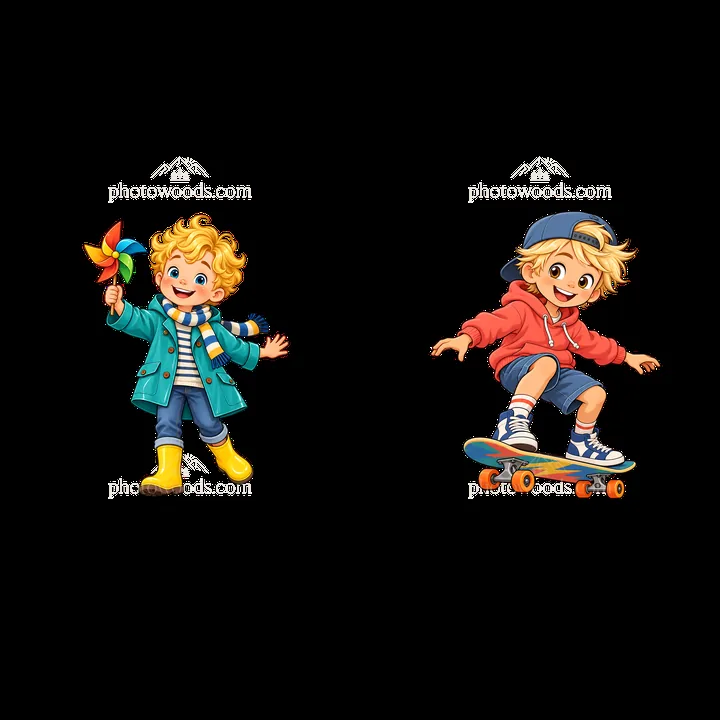 Blond child with a pinwheel and child skateboarding together - AI-generated stock image