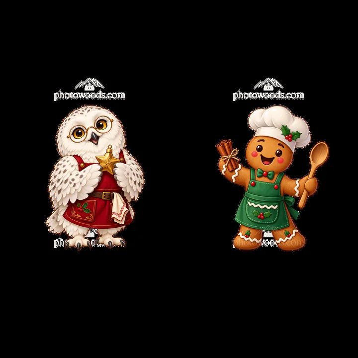 Owl holding a star and gingerbread man with a spoon - AI-generated stock image
