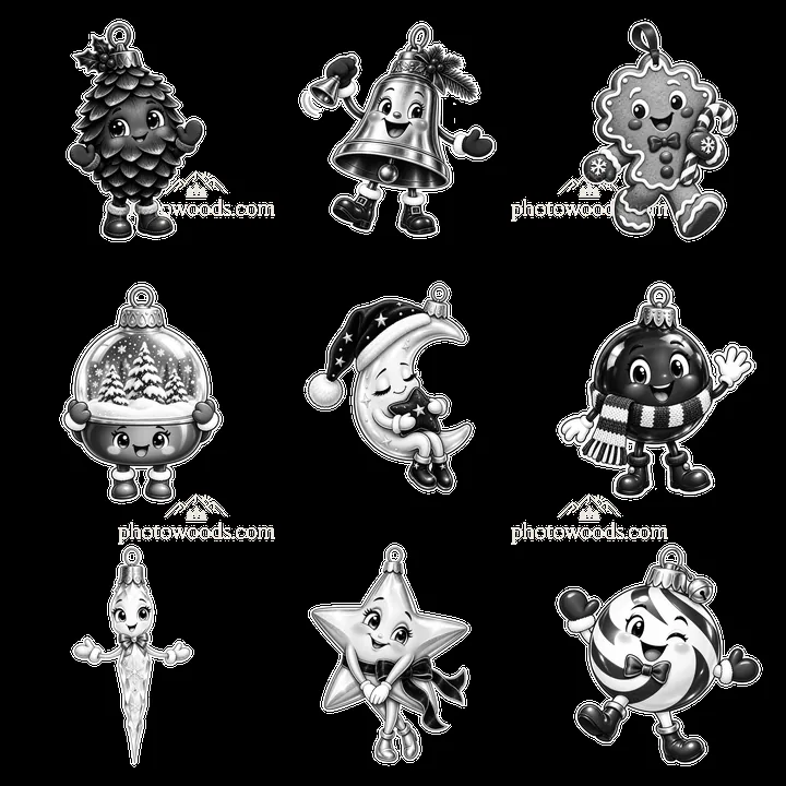 Christmas ornaments in black and white cartoon style - AI-generated stock image