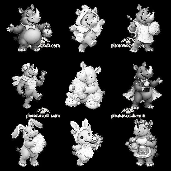 Easter rhinoceros characters in a 3x3 grid illustration - AI-generated stock image
