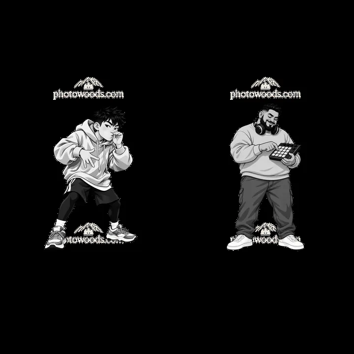 Hip-hop artists creating music with digital tools and dance moves - AI-generated stock image