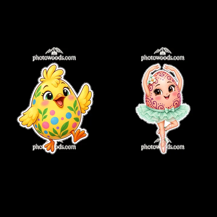 Colorful cartoon chick and ballet egg sticker design - AI-generated stock image