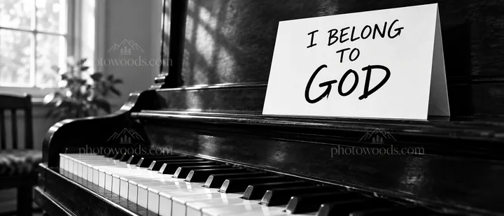 Jesus Christ on a piano with a sign stating I belong to God - AI-generated stock image