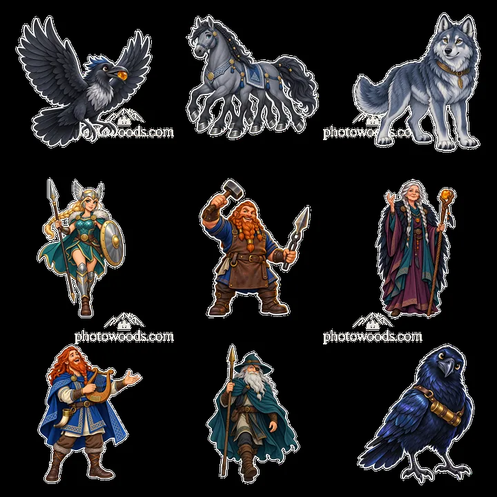 Odin's companions in a Norse myth themed cartoon sticker set - AI-generated stock image