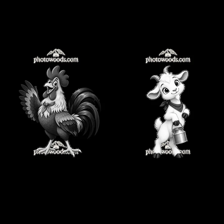 Rooster and goat cartoon stickers in farm setting - AI-generated stock image