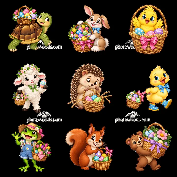 Cartoon characters celebrating Easter with colorful baskets - AI-generated stock image