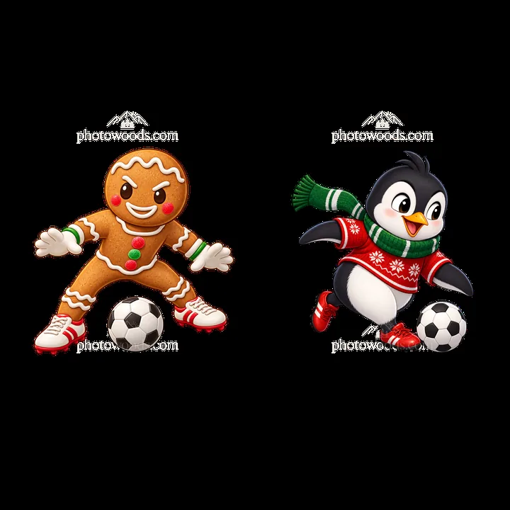 Gingerbread man and penguin playing soccer in Christmas attire - AI-generated stock image