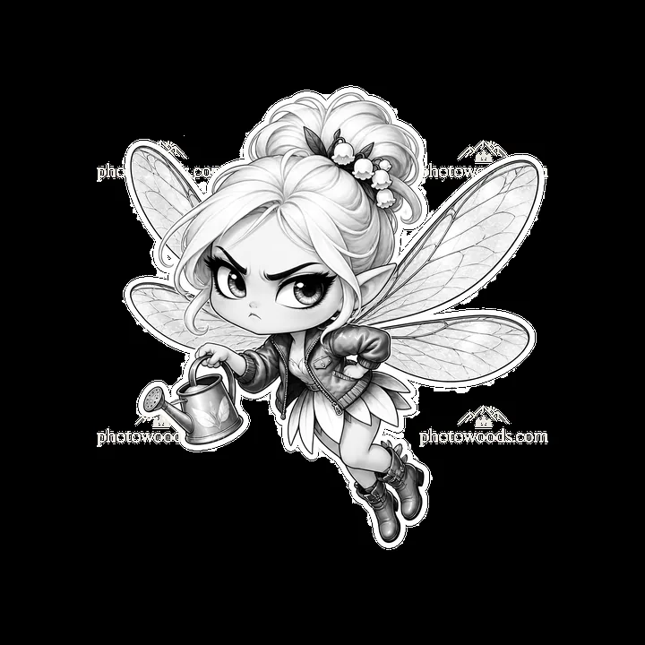 Kawaii grumpy fairy with watering can preparing for gardening - AI-generated stock image