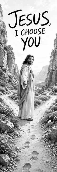 Jesus Christ stands in a valley with open arms - AI-generated stock image