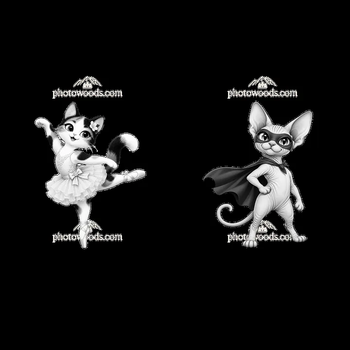 Ballet cat and superhero cat in black and white illustration - AI-generated stock image