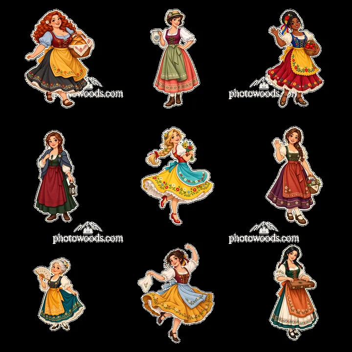 Women in traditional folk dress in a 3x3 square layout - AI-generated stock image