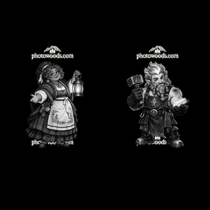 Pagan gods with lantern and hammer in monochrome illustration - AI-generated stock image