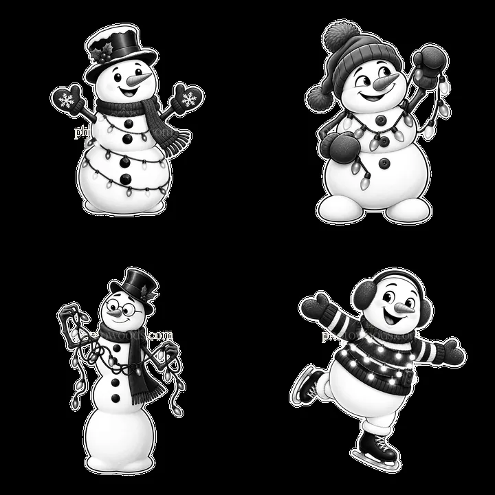 Snowman characters with string lights in a square layout - AI-generated stock image