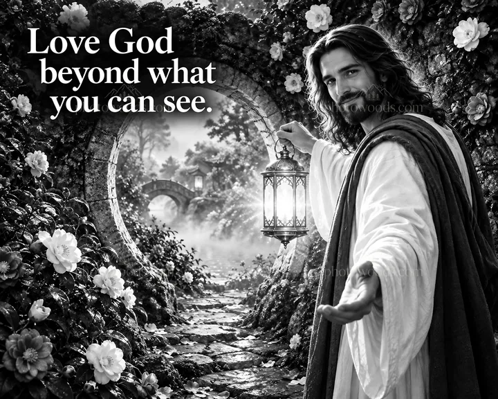 Jesus Christ inviting with a lantern in a floral pathway - AI-generated stock image