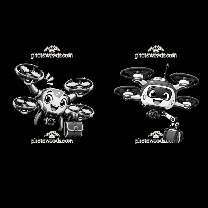 Cartoon drones with smiling faces and accessory bags in pair - AI-generated stock image