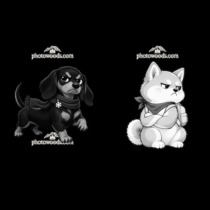 Kawaii grumpy dog duo with scarves in black and white - AI-generated stock image