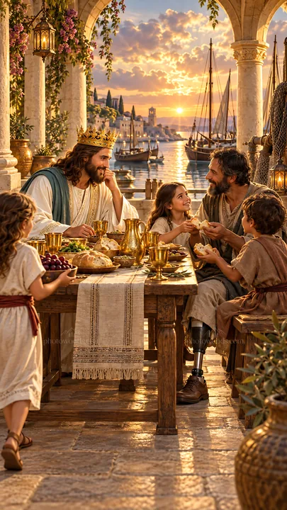 Jesus Christ sharing a meal with children by the water - AI-generated stock image