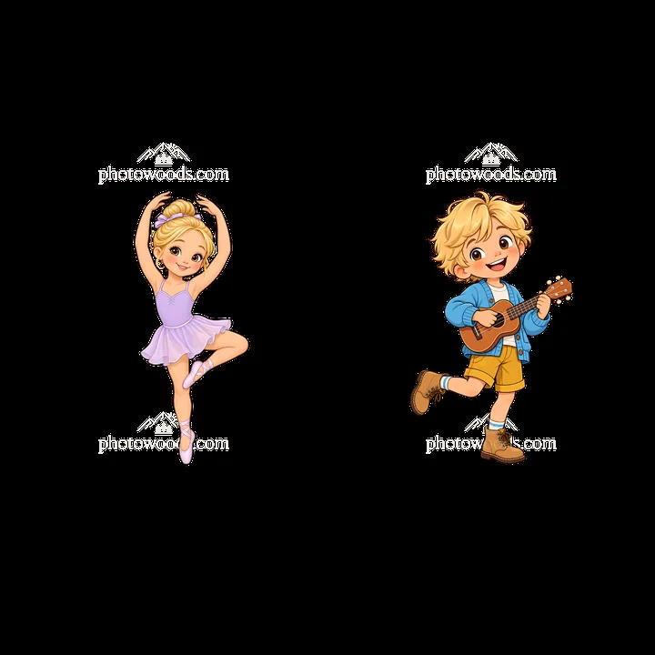 Blond child dancer and musician cartoon sticker pair - AI-generated stock image