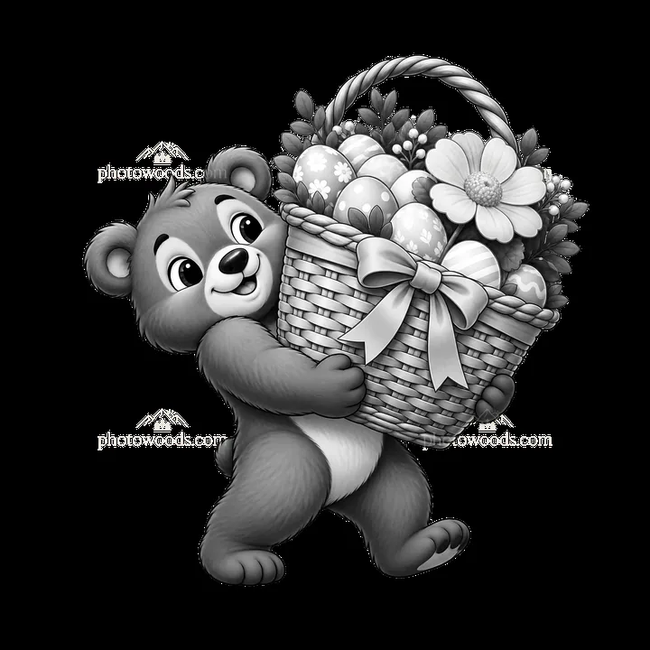 Bear carrying an Easter basket filled with flowers and eggs - AI-generated stock image