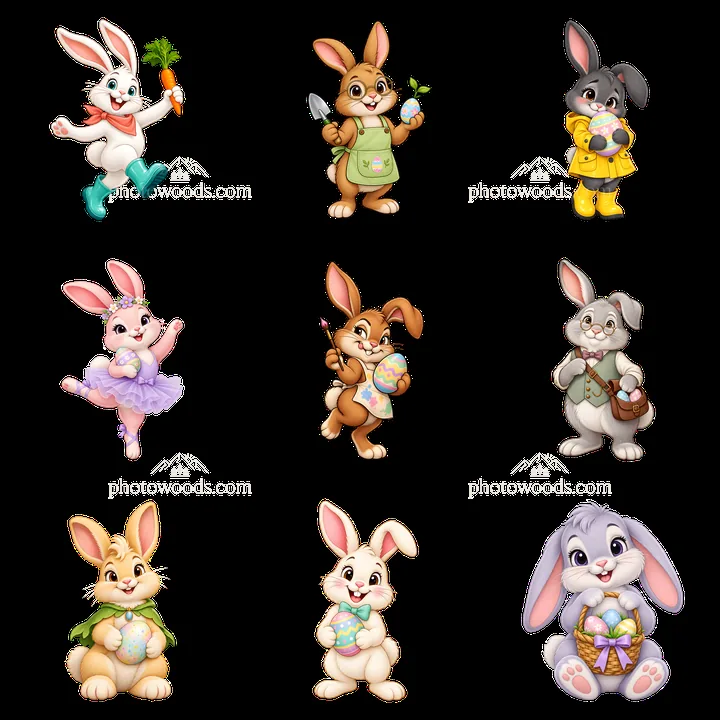 Colorful cartoon bunnies with Easter eggs in a 3x3 layout - AI-generated stock image