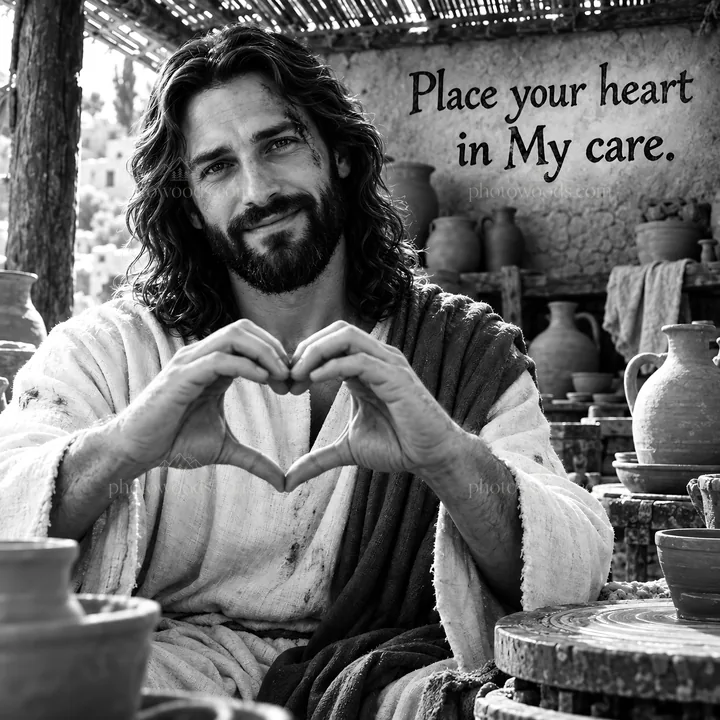 Jesus Christ inviting care and love through heart gesture - AI-generated stock image
