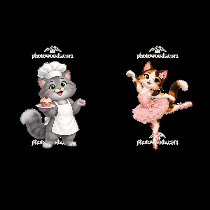 Cute cat chef and ballerina characters in a playful design - AI-generated stock image